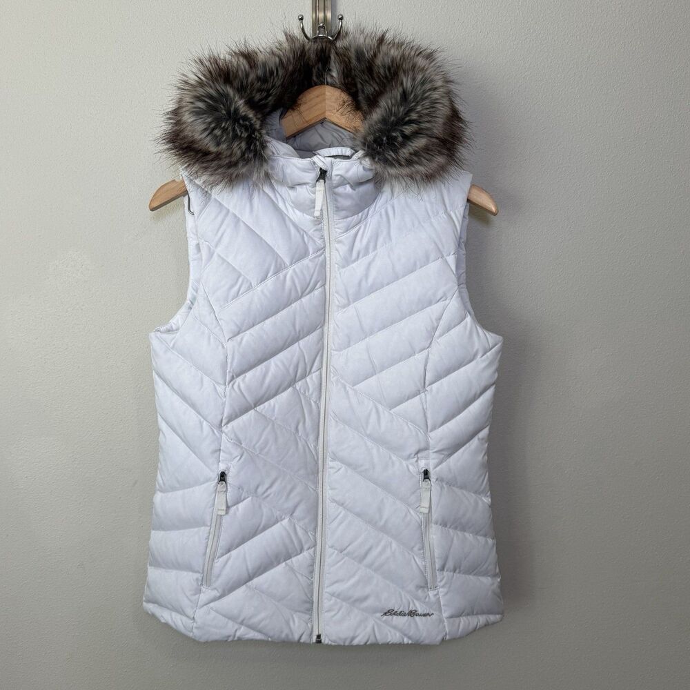 Eddie Bauer Womens S White Down Puffer Vest Faux Fur Hood Chevron Quilted